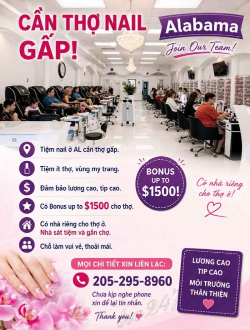 Cần Thợ Nails Alabama - Lương Tốt