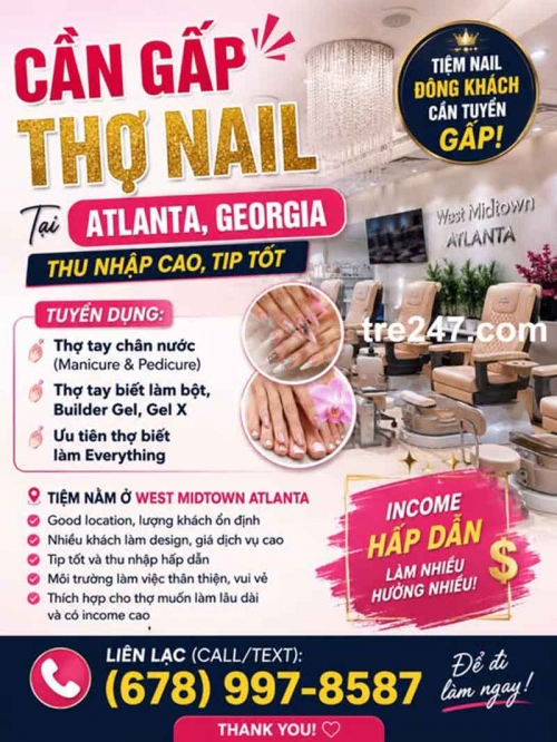 Cần Thợ Nails Atlanta, Georgia - Bột, Tay chân nước, Gel, Design,