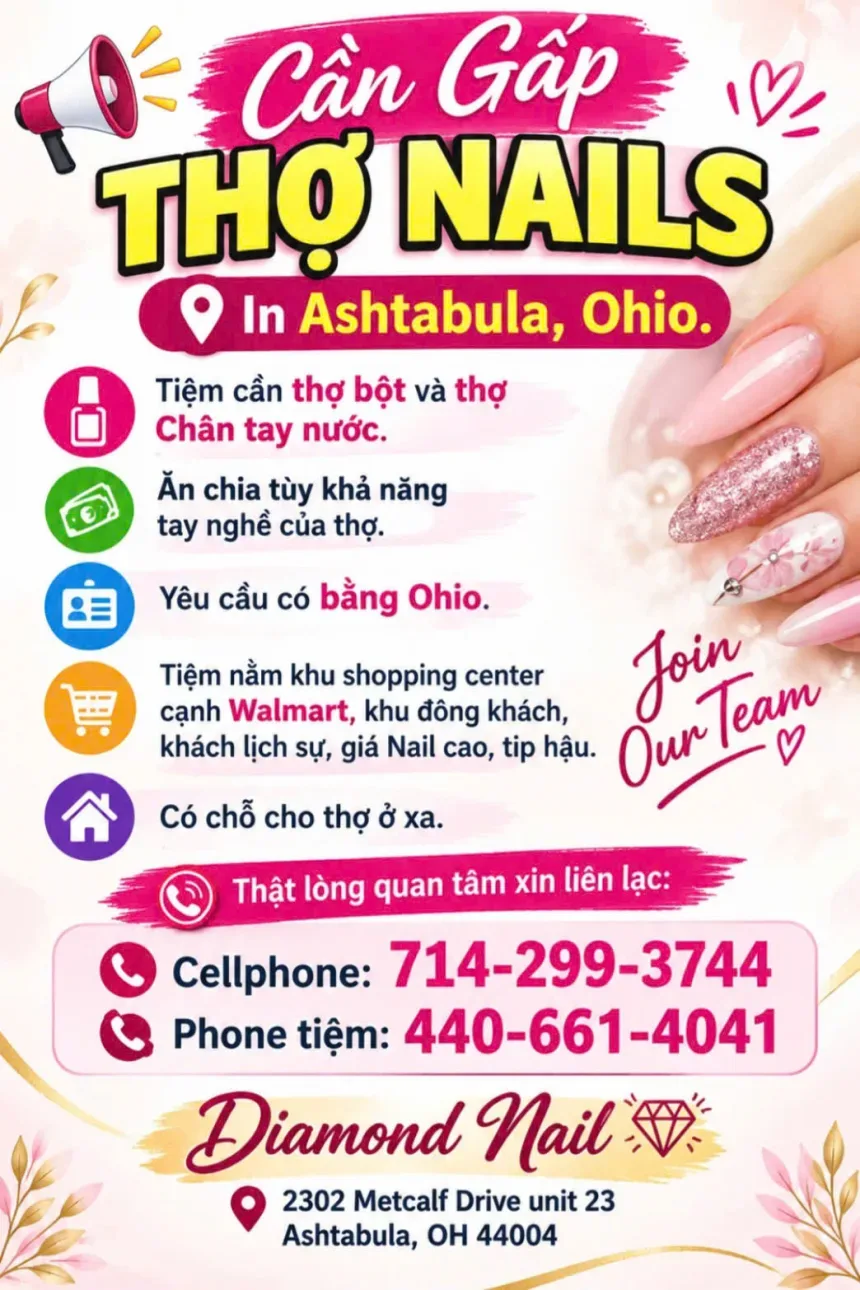 Cần Thợ Nails Cho Tiệm Vùng Ashtabula, Ohio