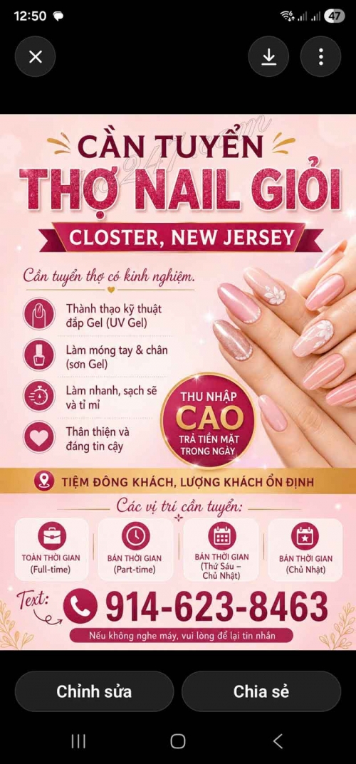 Cần Thợ Nails CLOSTER, New Jersey - Tay chân nước, Gel, Design
