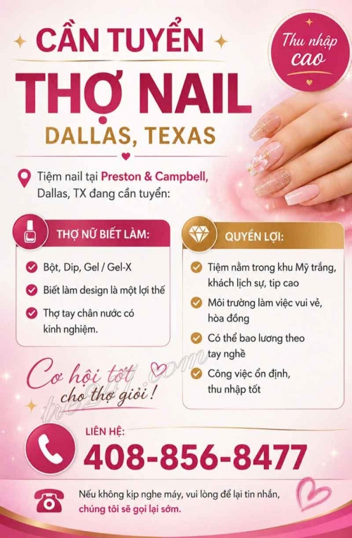 Cần Thợ Nails Dallas, Texas - Bột, Tay chân nước, Dip, Gel, Design