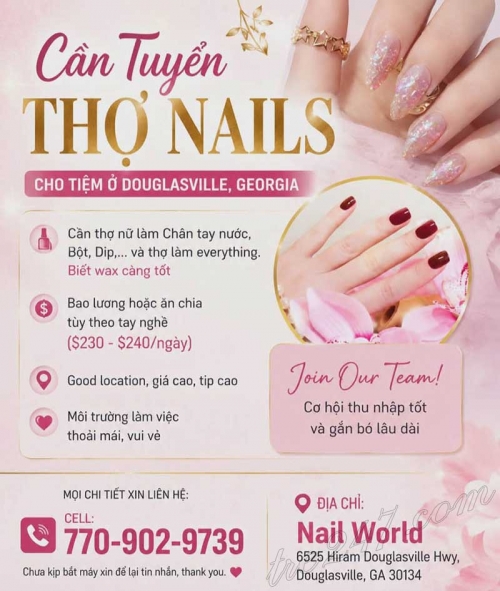 Cần Thợ Nails Douglasville, Georgia - Bao Lương Hoặc Ăn Chia