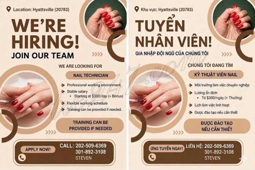 Cần Thợ Nails Hyattsville, Maryland - Lương Tốt