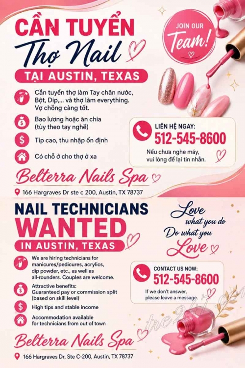 Cần Thợ Nails Tại Austin, Texas - Bao Lương Hoặc Ăn Chia