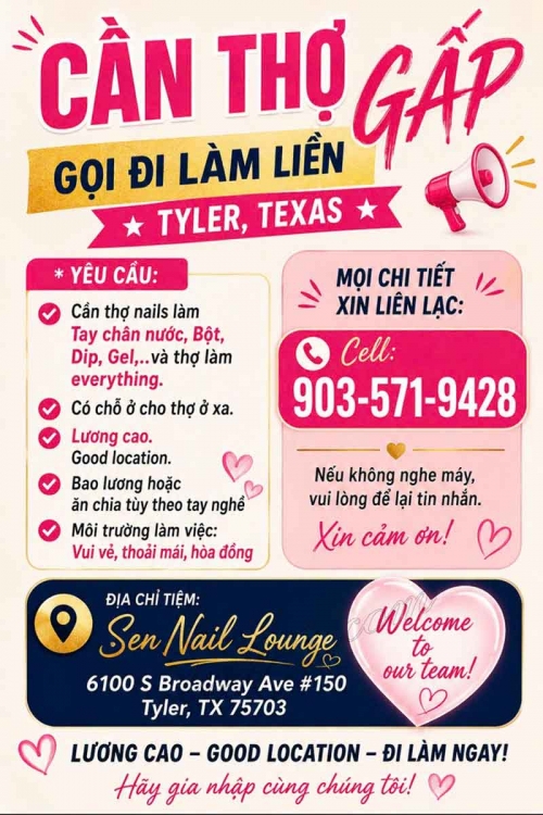 Cần Thợ Nails Tyler, Texas - Bao Lương Hoặc Ăn Chia