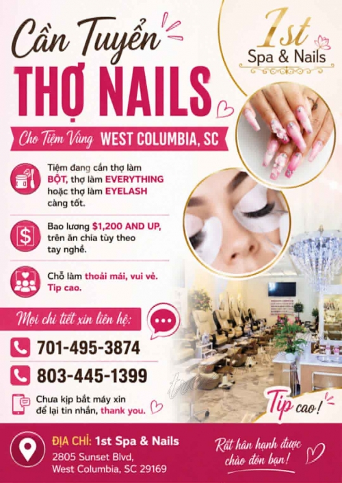 Cần Thợ Nails West Columbia, South Carolina - Bao Lương Hoặc Ăn Chia