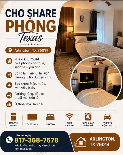 CHO SHARE PHÒNG - TEXAS tại Arlington, Texas