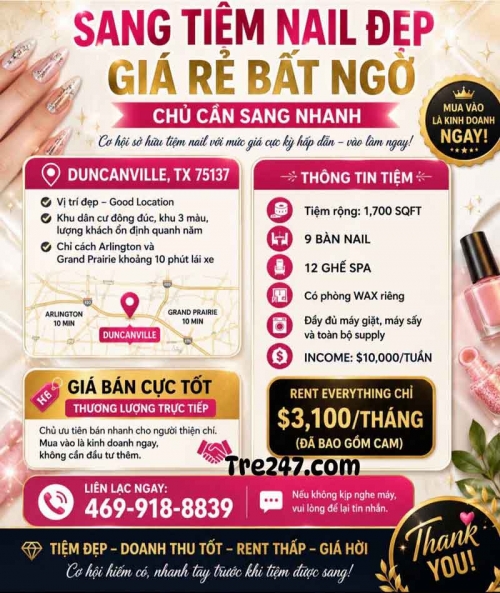 GIÁ RẺ BẤT NGỜ – CHỦ CẦN SANG NHANH TIỆM NAIL ĐẸP TẠI tại...