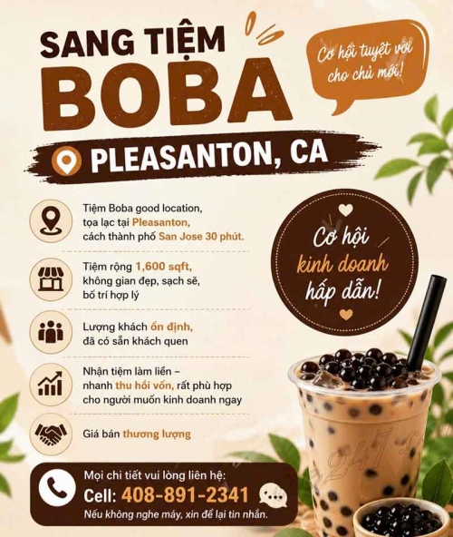 Sang Tiệm Boba Tại Pleasanton, California - Giá Sang Tốt