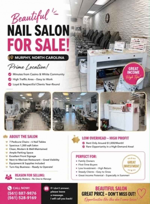 Sang tiệm nail tại Murphy, North Carolina - rộng 1200 sqft, 6 bàn