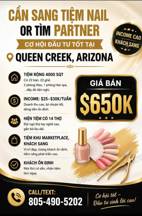Sang Tiệm Nails Hoặc Tìm Partner Queen Creek, Arizona - Income Tốt