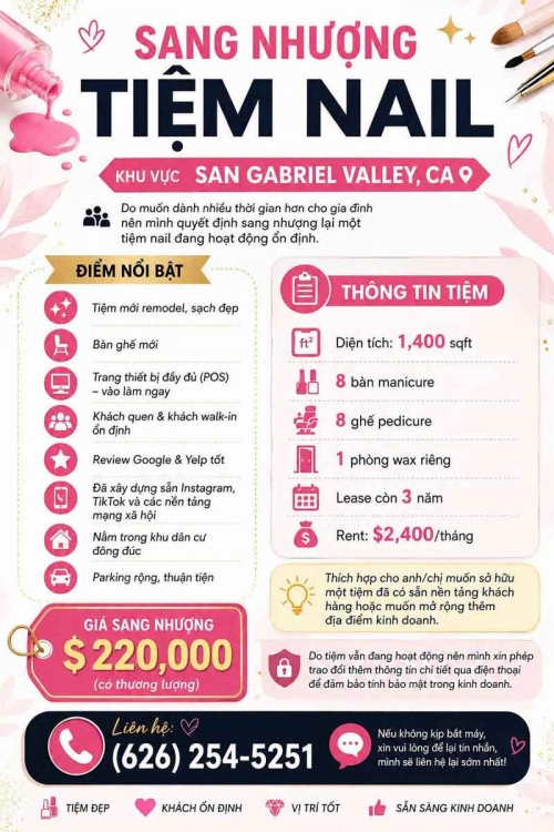 Sang Tiệm Nails SAN GABRIEL VALLEY, California - Giá Sang Tốt
