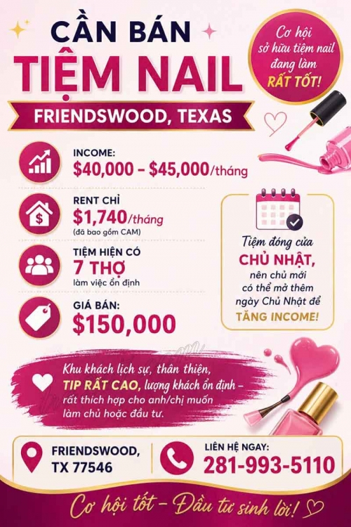 Sang Tiệm Nails Tại Friendswood, Texas - Income Tốt