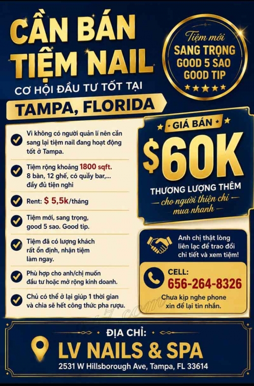 Sang Tiệm Nails Tampa, Florida - Rent Hợp Lý