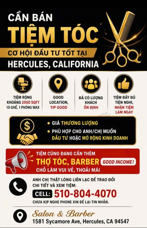 Sang Tiệm Tóc Tại Hercules, California - Vị Trí Tốt
