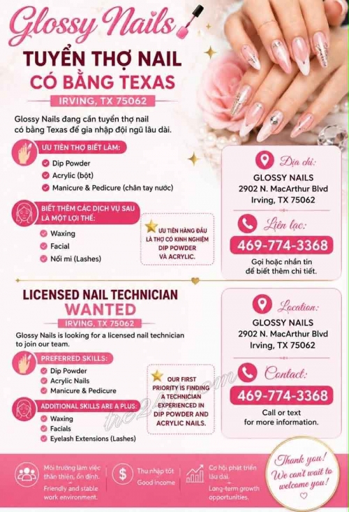 TUYỂN THỢ NAIL CÓ BẰNG TEXAS – IRVING, TX 75062 tại Irving, Texas